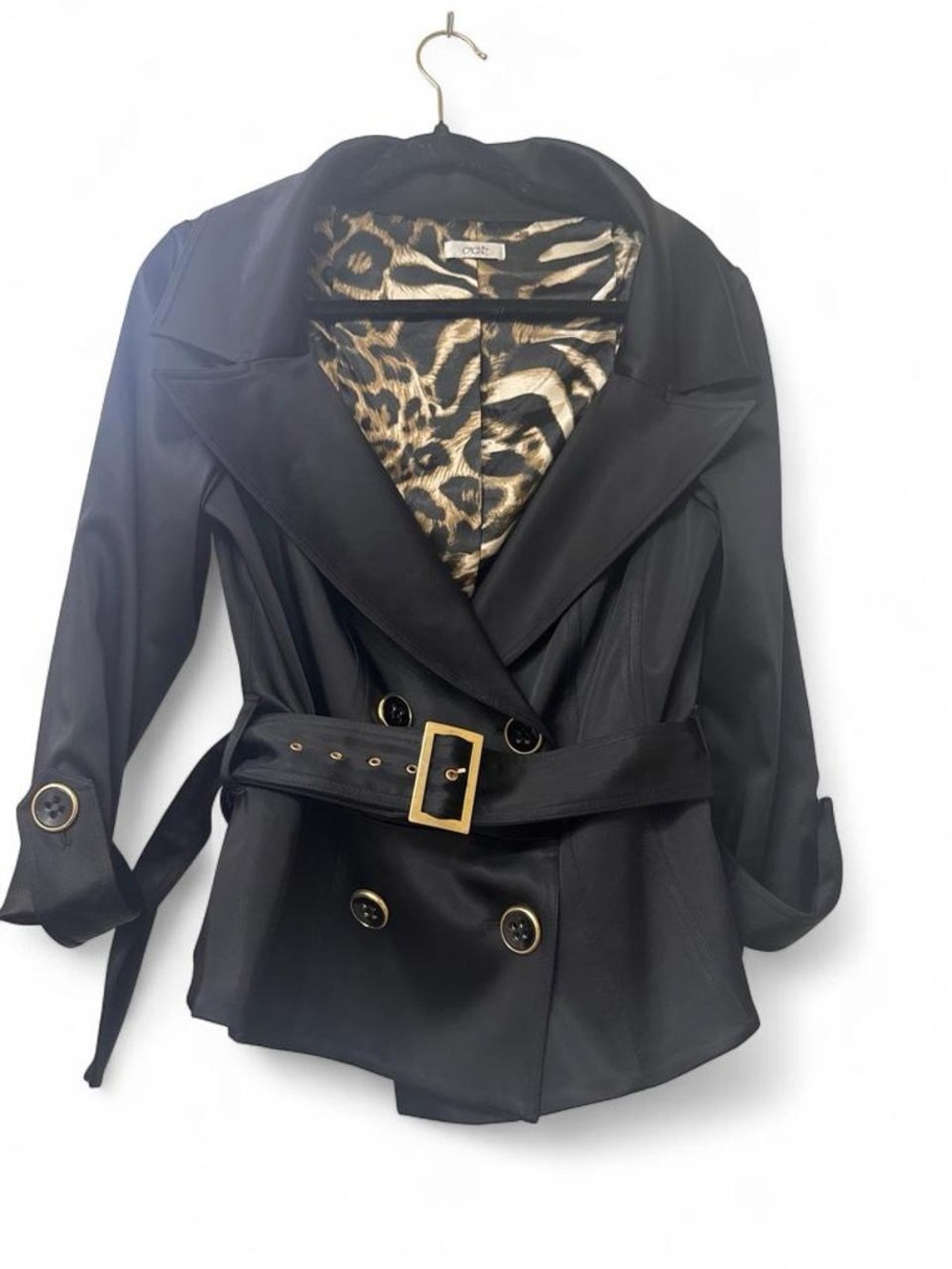 Cache Black Double-Breasted Trench Coat with Animal-Print Lining